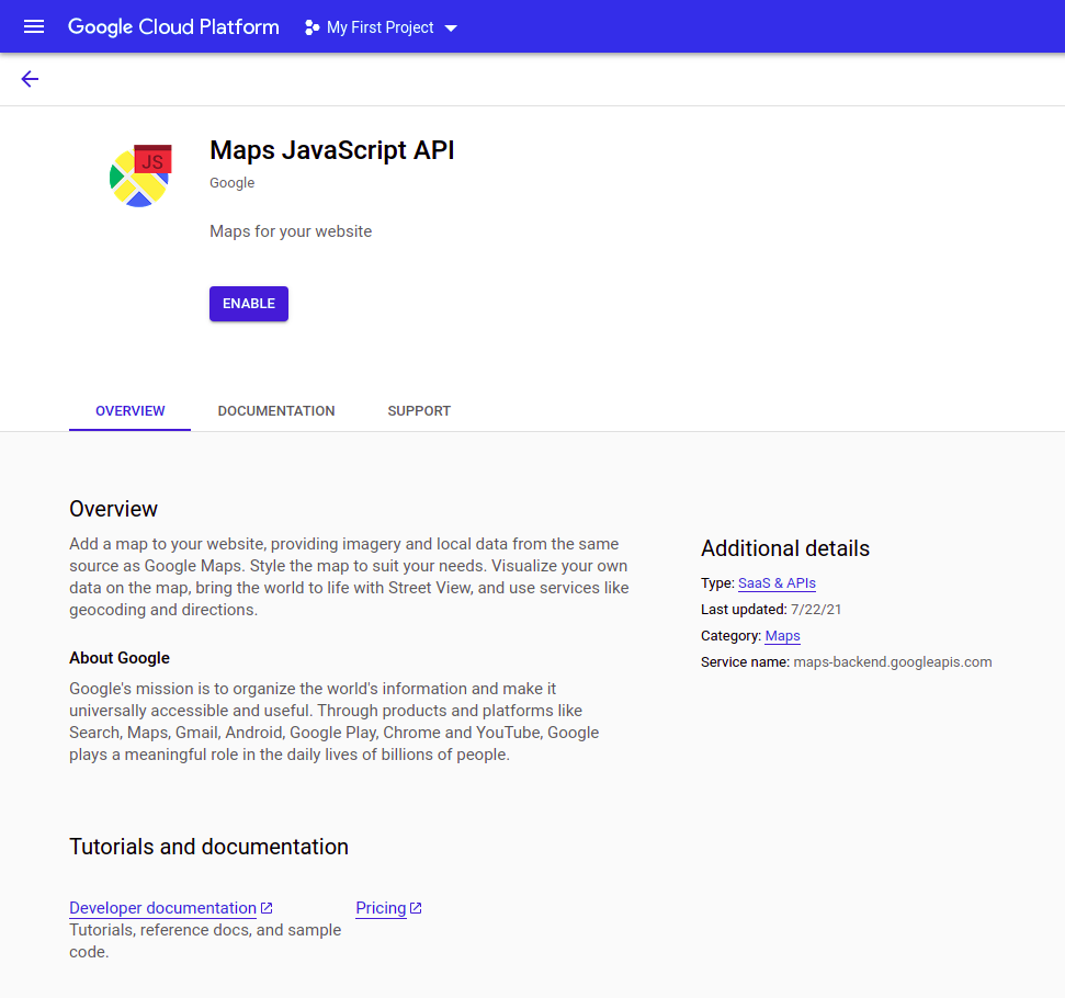 Enable library maps javascript api