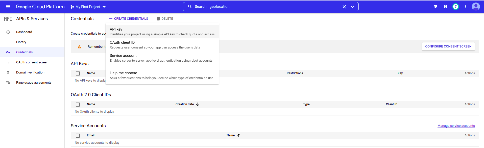 Create credentials api key