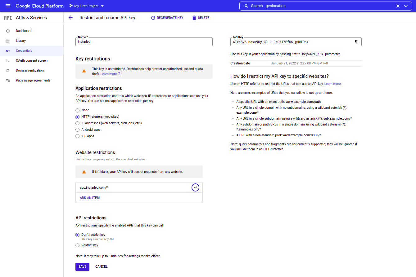Create credentials api key restricted