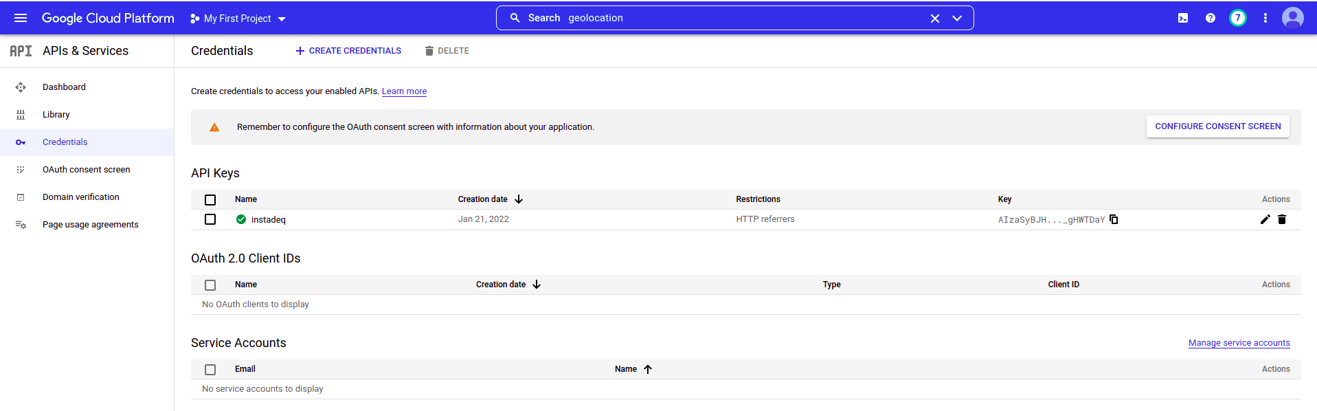 Create credentials api key listed