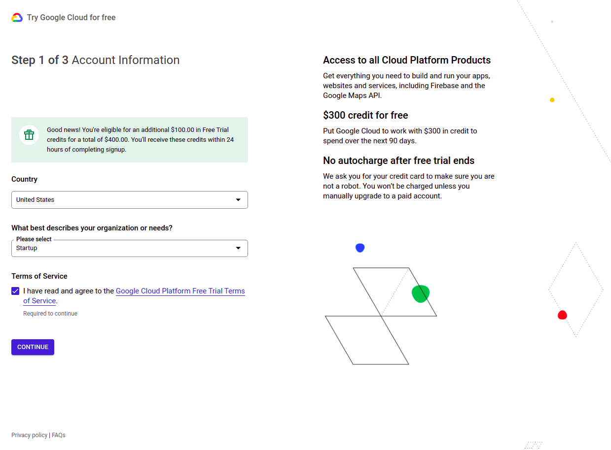 Create billing account step 1